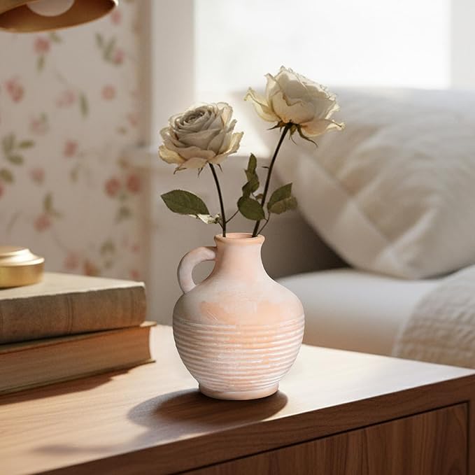 Ceramic Flower Vase with Handle, 6 inch Rustic Terracotta Vase, Vintage Clay Pottery, Farmhouse Decor, House Decorations for Home, Living Room, Bedroom, Entryway, Kitchen Decor