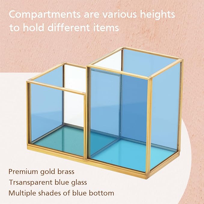 FONDAZZA Gold & Blue Glass Desk Organizer - Elegant Office Decor, Aesthetic Makeup Brush Holder, 2-Compartment Pen Holder, Pencil Cup, Vanity & Cosmetic Storage, Desk Accessories for Women