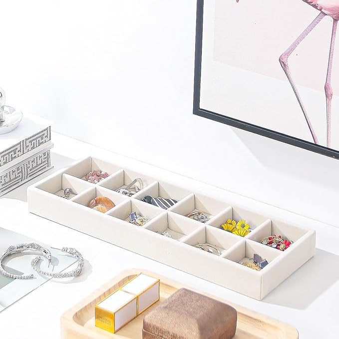 2Pcs Desk Drawer Storage Tray, Nightstand Organizer Tray, Necklace Bracelet Ring Earring Jewelry Display Tray, Grid Table Organizer Holder Tray for Sunglass, Phone, Watch, Perfume (12 grid)/Beige