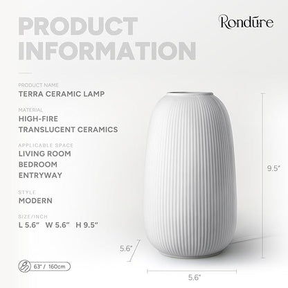 RONDURE 9.5" Modern Ceramic Table Lamp, Fully Dimmable Modern Bedside Lamps for Bedroom, Living Room and Nightstand, White Translucent Ceramic Shade, Warm Ambient Lighting, Corded, Bulb Included
