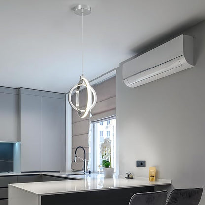 Modern LED Chandelier Chrome Ring Pendant Light Fixtures 4000K Dimmable Height Adjustable Pendant Lighting for Dining Room Kitchen Island Bedroom Living Room Foyer（Chrome Round 3-Pack）