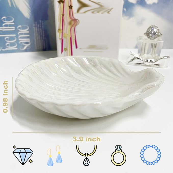 Ring Dish Shell Shape Ceramic Jewelry Dish Tray, Decorative Trinket Dish Organizing Rings Earrings Necklaces Keys for Mom Friend Sister, 3.9", White Iridescent Surface
