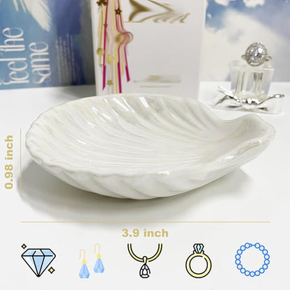 Ring Dish Shell Shape Ceramic Jewelry Dish Tray, Decorative Trinket Dish Organizing Rings Earrings Necklaces Keys for Mom Friend Sister, 3.9", White Iridescent Surface