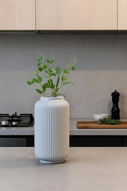 Matte White Ceramic Flower Vase, 8 Inch Ribbed Vase for Pampas Grass, Fresh or Dried Flowers, Decorative Centerpiece for Living Room, Kitchen, Bookshelf, Office Decor