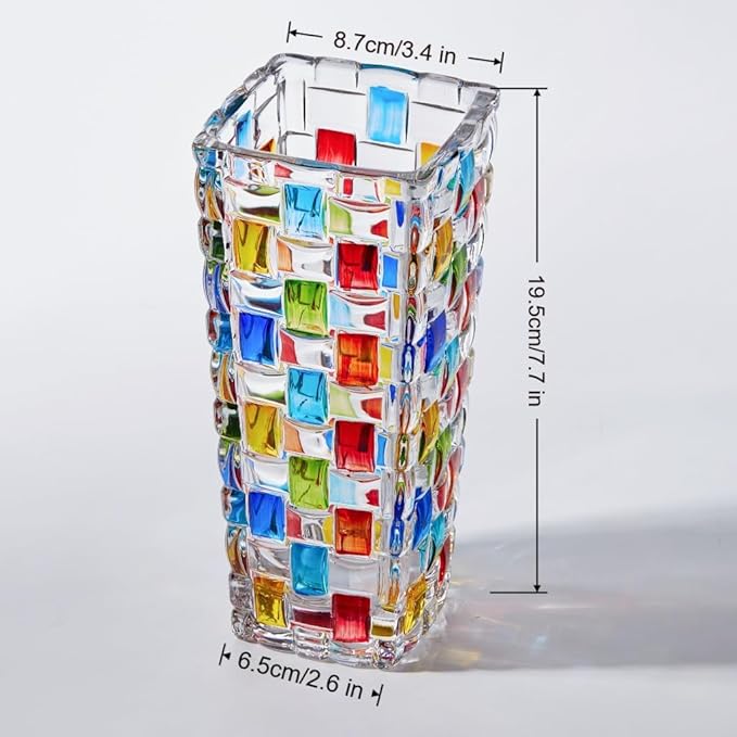 Hand Woven Colorful Glass Flower Vase - 7.7 Inch Mosaic Crystal Vase for Flowers, Unique Stained Glass Vase for Centerpieces, Weddings, Home Decor & Gifts for Women