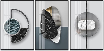 QKF Extra Large Frame Bright Geometry Abstract Canvas Wall Art Modern Home Living Room Bedroom Bathroom Wall Decor Poster & Prints Set of 3 Paintings 24"x 32" (Black Ash, 24" X 32" X 3 pieces)