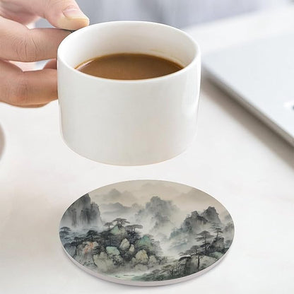 Round-4PCS Forest Drink Coasters,Modern Ceramic Absorbent Coasters, Watercolor Japan China Style Nature Mountain Woodland Green Forest Decor Desk Coffee Table Coaster for Beverage Cup Tea Coasters