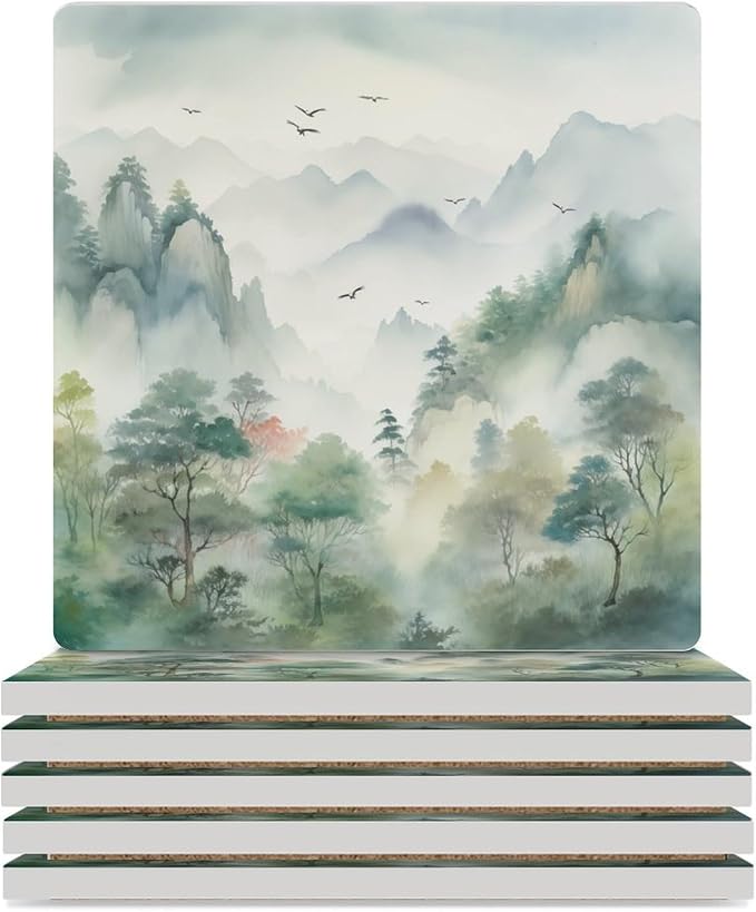 Forest Drink Coasters,Square Ceramic Drink Coaster 6PCS, Watercolor Style Nature Woodland Green Forest Mountain Plant Flying Birds Decor Absorbent Ceramic Coasters for Beverage Cup, Bar, Coffee Table