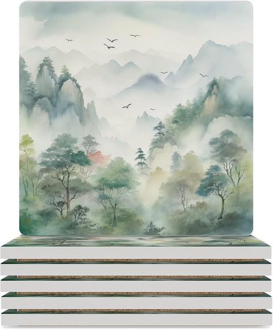 Forest Drink Coasters,Square Ceramic Drink Coaster 6PCS, Watercolor Style Nature Woodland Green Forest Mountain Plant Flying Birds Decor Absorbent Ceramic Coasters for Beverage Cup, Bar, Coffee Table