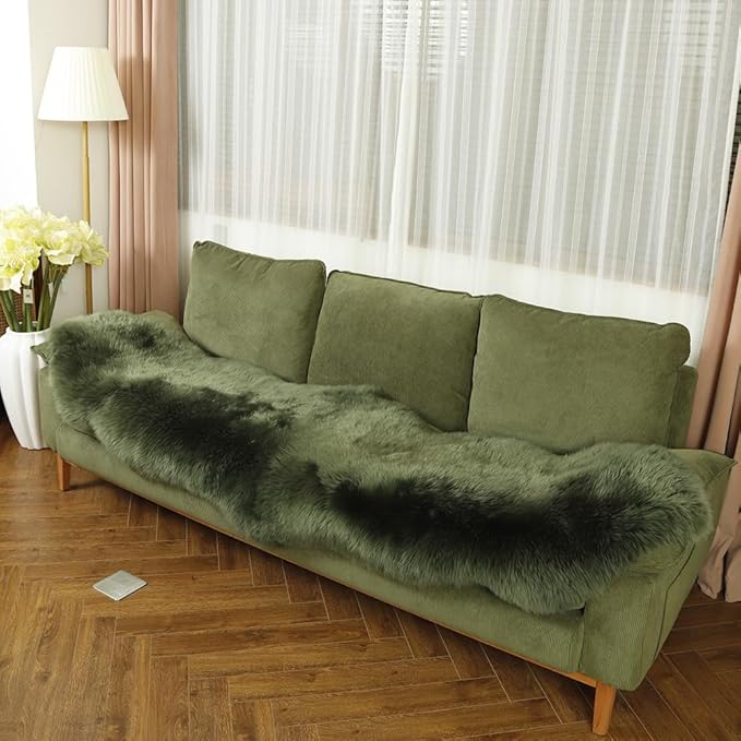 LLB Genuine Sheepskin Area Rug Fur Carpet Fluffy Shaggy Fur Rug for Living Room Kids Bedroom Real Sheepskin Throw Lambskin Aesthetic Rugs Sofa Mat Chair Seat Covers (Dark Green, 2 x 6 ft Sheepskin)