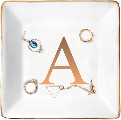 ANOTION Jewelry Tray Ring Dish with Ini-tial Gift- Personalized Trinket Dish and Jewelry Dish with Gold Initials Key Bowl Ceramic Holder, Unique Wedding or Engagement Present