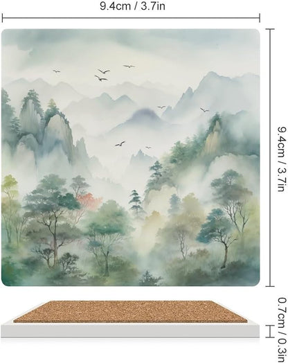 4PCS Forest Ceramic Coasters, Square Absorbent Drink Coasters,Nature Woodland Green Forest Mountain Plant Flying Birds Ceramic Table Coasters for Coffee, Beverage, Wine, Beer Coasters