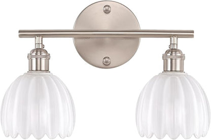 Bathroom Light Fixtures, 2-Light Vanity Wall Light Over Mirror with White Tulip Glass Shade for Bedroom Living Room (Bulb Not Included), Satin Nickel