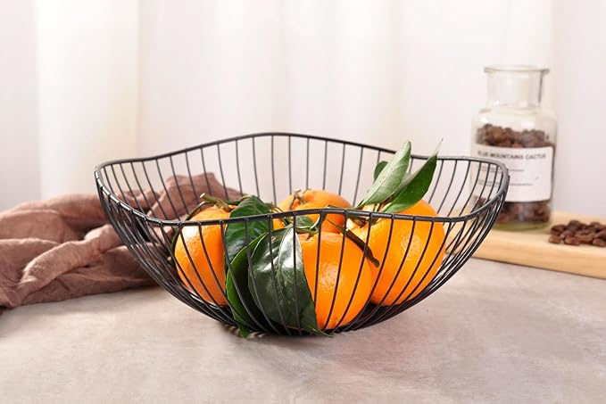 IBWell Classic Style Curved-Edge Modern Creative Stylish Single Tier Dish,Metal Iron Wire Fruit Vegetables Bread Decorative Stand Serving Bowls Basket Holder (Dish) (Black)