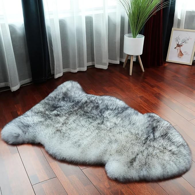 LLB Genuine Sheepskin Area Rug Wool Rug Fur Carpet Fluffy Shaggy Fur Rug for Living Room Kids Bedroom Real Sheepskin Throw Lambskin Rugs Sofa Mat Chair Seat Covers (Snow Grey, 2 x 3 ft Sheepskin)
