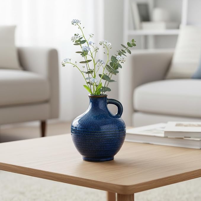 Sunddo 6 Inch Blue Ceramic Vase - Small Rustic Vases for Home Decor, Pitcher Modern Flower Vase for Bookshelf and Bathroom Decor, Nightstand, Dining, Centerpiece Table Decorations