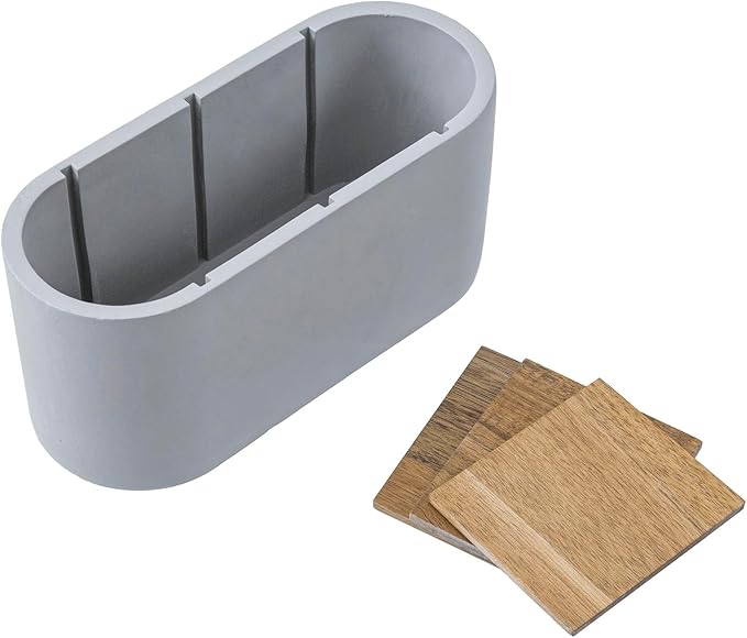 MyGift Pen Holder & Pencil Cup Modern Oval Gray Cement Desktop Office Stationery Organizer with Removable Acacia Wood Dividers