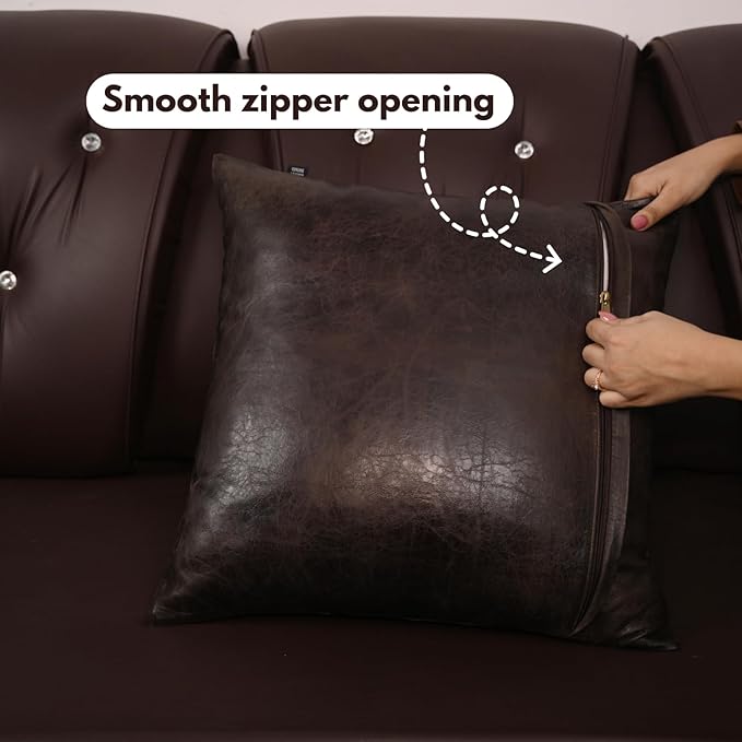 D DOLLY LAMB Lambskin Leather Pillow Cover - Sofa Cushion Case - Decorative Throw Covers for Living Room & Bedroom, 22x22 Inches - Dark Brown Crunch Plain Pack of 2