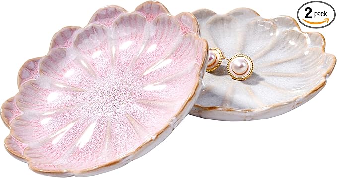 Ceramic Ring Dish Holder Jewelry Tray Trinket Tray Vintage Lotus Shaped Small Decorative Jewelry Dish for Dressing Tables Earring Organizer (White and Pink)