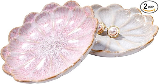 Ceramic Ring Dish Holder Jewelry Tray Trinket Tray Vintage Lotus Shaped Small Decorative Jewelry Dish for Dressing Tables Earring Organizer (White and Pink)