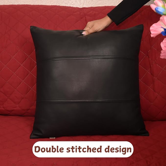 Lambskin Leather Pillow Cover - Sofa Cushion Case - Decorative Throw Covers for Living Room & Bedroom, 20x20 Inches - Black (01) Pack of 2
