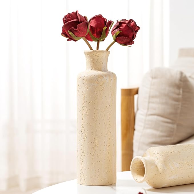 Flower Vase Set, Stone Look, 3 PCS Small Decorative Bud Vases for Pampas Grass, Farmhouse Decor, Kitchen, Living Room, Bathroom, Bedroom, Office, Shelf Centerpiece Table Decoration (Yellow)