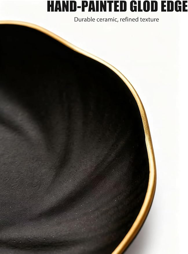 Black Ceramic Jewelry Tray with Gold Edge, 5 Inch Modern Trinket Dish for Rings & Earrings, Minimal Vanity Organizer