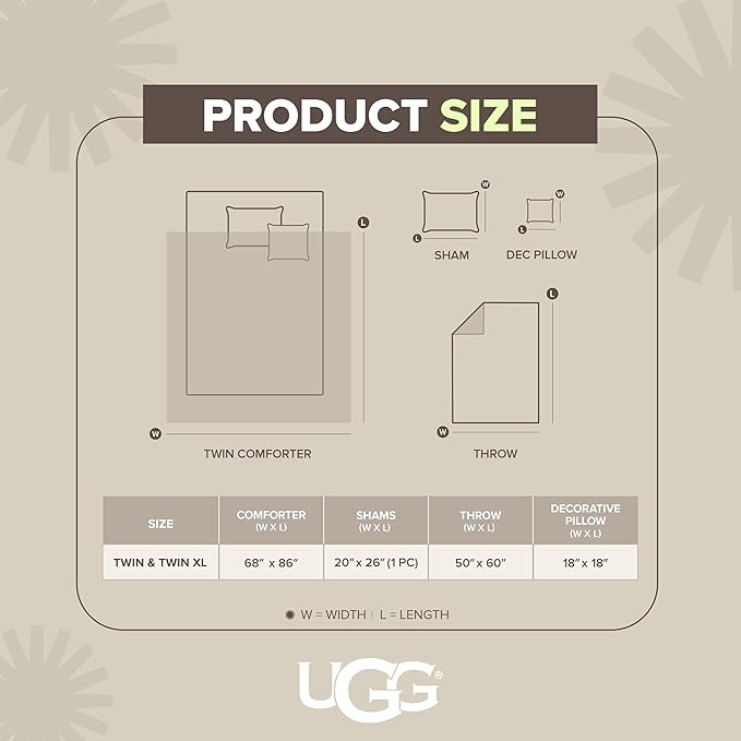 UGG Remina Twin Comforter Set 4 Piece Bed in a Bag with Throw Blanket, Decorative Pillow Sham and Reversible Comforter Hypoallergenic Luxury Bedding, Machine Washable, Twin XL, Brown Birch