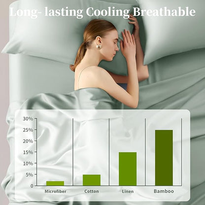 Shilucheng 100% Viscose Derived from Bamboo_ Sheets King Size 4pcs - Ultra Cooling & Silky Soft Bed Sheets, 16" Deep Pocket, Perfect for Hot Sleepers, Hotel Bedding Sheets (Sea Glass)