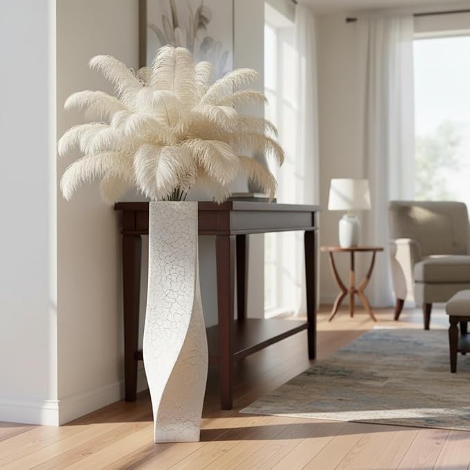 Tall Vases On Floor, 27.56" Twisted Geometric Flower Vase for Home, Living Room, Flower Centerpieces, Shelf, Table, Decor, White Crackle Vase