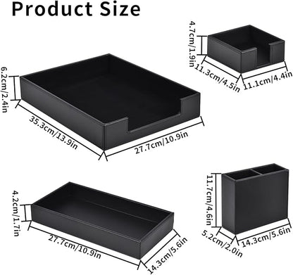 4 Pack Leather Office Supplies/Desk Organizer for Letter Paper Tray,Sticky Note Holder,Pen Cup,Stackable Small Letter Mail Sorter Tray,Workspace Decor for Women Men (Black, 4-piece set)