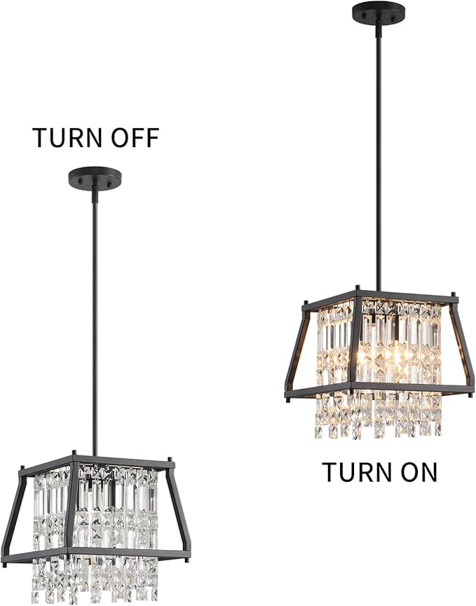 LMQNINE Farmhouse Chandelier - Black Metal Crystal Pendant Light for Kitchen, Dining Room, Living Room - Flat & Inclined Ceiling (Trapezoid -11.81in)