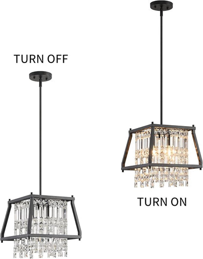 LMQNINE Farmhouse Chandelier - Black Metal Crystal Pendant Light for Kitchen, Dining Room, Living Room - Flat & Inclined Ceiling (Trapezoid -11.81in)