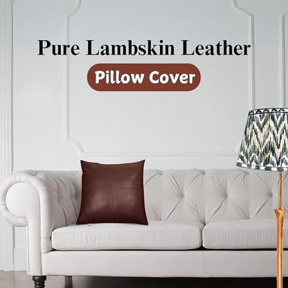 Lambskin Leather Pillow Cover - Sofa Cushion Case - Decorative Throw Covers for Living Room & Bedroom, 16x16 Inches - Dark Brown Plain Pack of 2