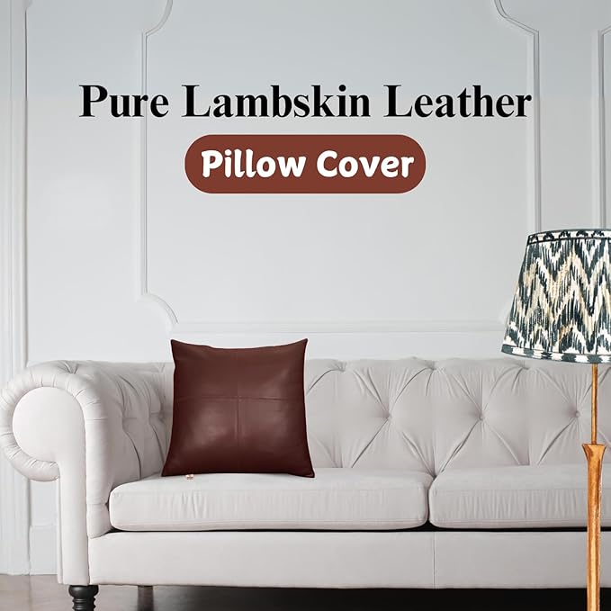 Lambskin Leather Pillow Cover - Sofa Cushion Case - Decorative Throw Covers for Living Room & Bedroom, 22x22 Inches - Dark Brown Plain Pack of 2