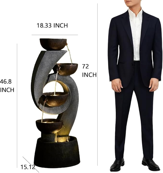 46.8”H Outdoor Water Fountain with Lights, Multi-Tier Bowl Cascading Water Feature, Tall Stacked Bowl Waterfall Freestanding Resin Garden Fountain for Patio Yard Balcony Porch