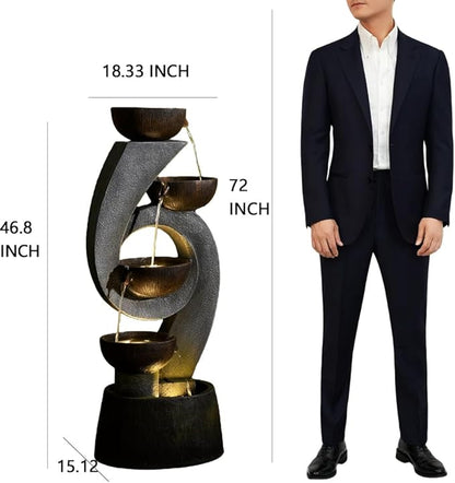 46.8”H Outdoor Water Fountain with Lights, Multi-Tier Bowl Cascading Water Feature, Tall Stacked Bowl Waterfall Freestanding Resin Garden Fountain for Patio Yard Balcony Porch