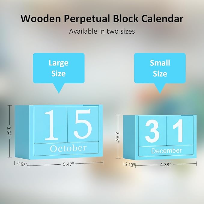 Wooden Block Calendar for Desk, Large Size Daily Desktop Perpetual Desk Calendar, Cute Date Display Desk Accessories for Home Office Decor, Teacher, Classroom, Reusable Yearly, Blue