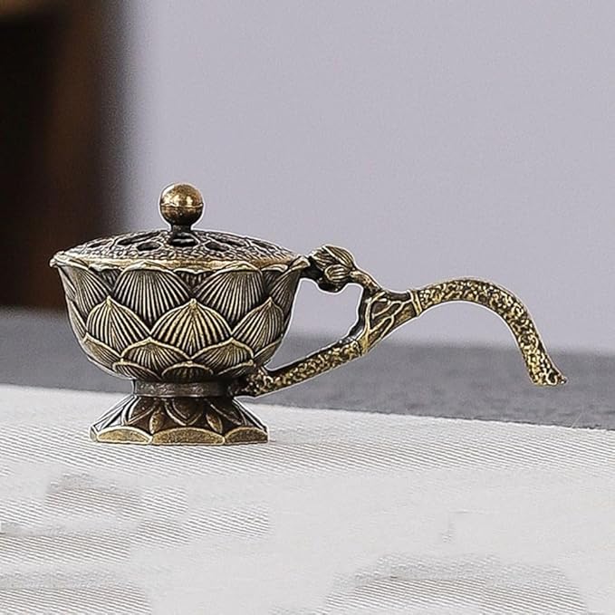 Small Lotus Incense Burner,9cm Incense Holder for Cones,Brass Lotus Flower Incense Holder Hollow Out Ash Catcher with Lid,Brass Incenses Stand Home Vintage Ornaments
