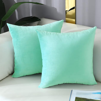 mixeoo Comfy Mint Green Throw Pillow Covers Decorative Square Solid Thick Velvet Super Soft Cushion Cases Home Decor for Sofa Couch Living Room Chair, Set of 2, 18 x 18 Inch