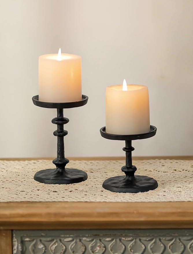 NUPTIO Pillar Candle Holder Black: Solid Cast Iron Candle Stand for 3 Inch Pillars - Handcrafted Hammered Candleholder for Thanksgiving Christmas Fireplace Mantle Decor
