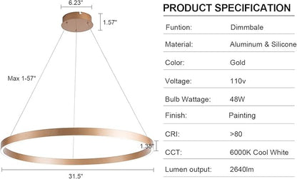 MADEM Room Decor Modern LED Chandelier 1-Ring Circular Dimmable Pendant Light Flush Mount Pendant Lighting for Living Room Dining Room, Bedroom, 31.5'' x 1.38'', 3000K-6000K, Gold