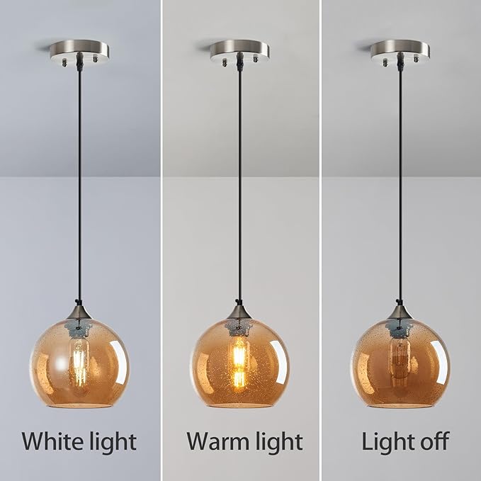 Amber Glass Pendant Lights Kitchen Island Lighting Globe Pendant Light Fixtures Modern Pendant Lighting for Bedroom Living Dining Room Light Fixture (7.87 in, 1 Pack)