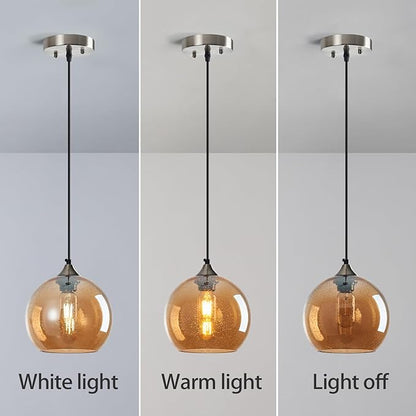 Amber Glass Pendant Lights Kitchen Island Lighting Globe Pendant Light Fixtures Modern Pendant Lighting for Bedroom Living Dining Room Light Fixture (7.87 in, 3 Pack)