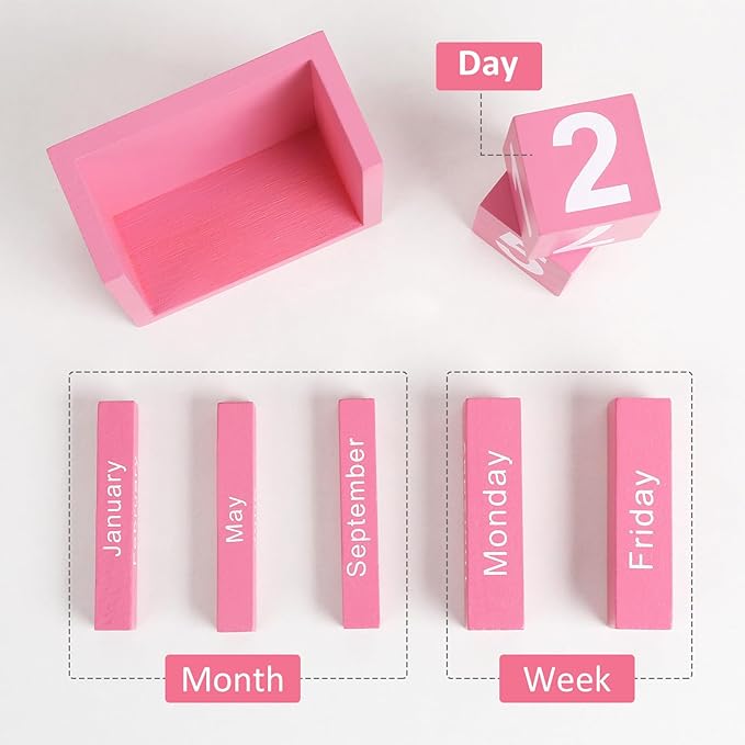 Wooden Block Calendar for Desk, Daily Desktop Perpetual Desk Calendar, Cute Date Display Blocks Desk Accessory for Home Office Decor, Teacher, Classroom, Reusable Yearly, Pink