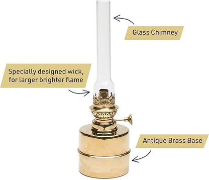 Brass Oil Lamp - 13” Extra-Bright Hurricane Lamp with Antique-Style Brass Body and Glass Chimney - Decorative Kerosene Lantern with Adjustable Wick - Oil Lamps for Indoor Use by Kings County Tools