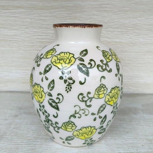 SIDUCAL Ceramic Vintage Vase, 5.83 Inch Yellow Rose Chinoiserie Floral Vase, Rustic Farmhouse Vases for Bouquet, Home Decor, Living Room, Bookshelf, Garden, Tuscan Decor