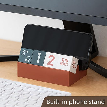 Block Calendar for Desk, Daily Desktop Perpetual Desk Calendar, Cute Date Display Blocks Desk Accessory for Home Office Decor, Teacher, Classroom, Reusable Yearly (Red, With phone holder)
