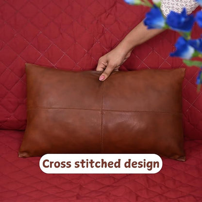100% Lambskin Leather Pillow Cover - Sofa Cushion Case - Decorative Throw Covers for Living Room & Bedroom, 18x26 Inch - Dark Tan Plain Pack of 2