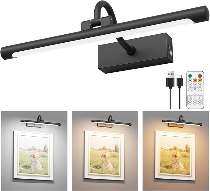 Aipsun 15.7" Black Picture Lights for Wall Rechargeable,10000mAh Battery Operated Art Light for Paintings,3CCT Dimmable, Rotatable Gallery Light for Pictures Display